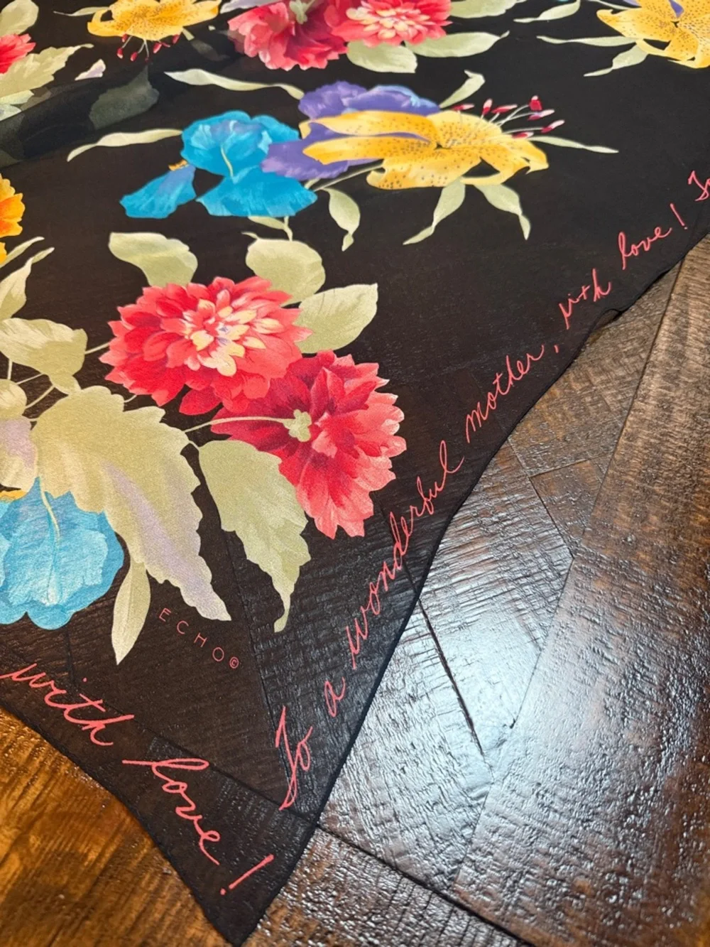 Echo Silk Floral Scarf Mother’s Day Black Gift Script‎ 34-35”